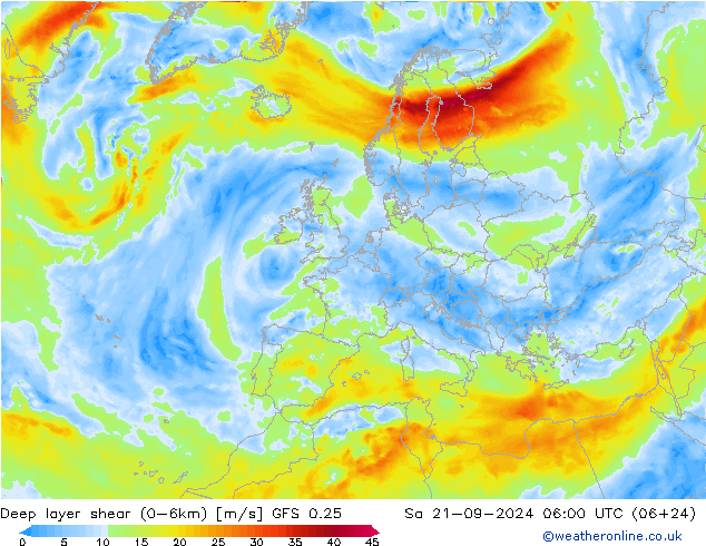 Deep layer shear (0-6km) GFS 0.25 сб 21.09.2024 06 UTC