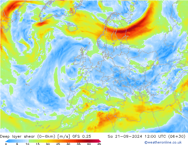 Deep layer shear (0-6km) GFS 0.25  21.09.2024 12 UTC