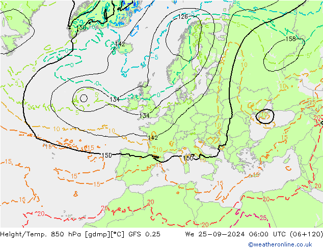 Z500/Rain (+SLP)/Z850 GFS 0.25 Mi 25.09.2024 06 UTC