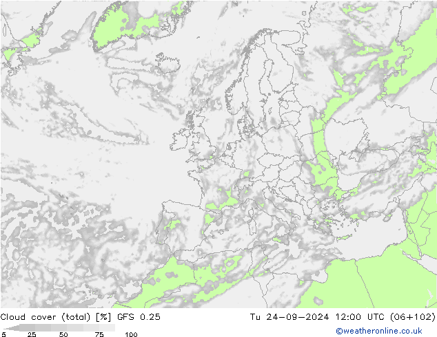 Cloud cover (total) GFS 0.25 Tu 24.09.2024 12 UTC