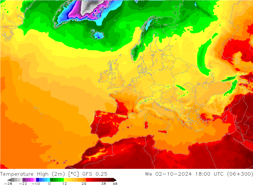 Höchstwerte (2m) GFS 0.25 Mi 02.10.2024 18 UTC