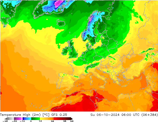 Nejvyšší teplota (2m) GFS 0.25 Ne 06.10.2024 06 UTC