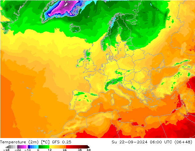 Temperaturkarte (2m) GFS 0.25 So 22.09.2024 06 UTC