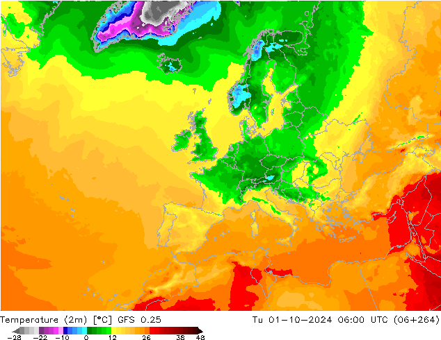 Temperature (2m) GFS 0.25 Tu 01.10.2024 06 UTC