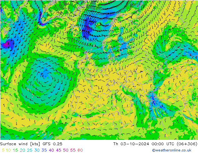 Vento 10 m GFS 0.25 Qui 03.10.2024 00 UTC