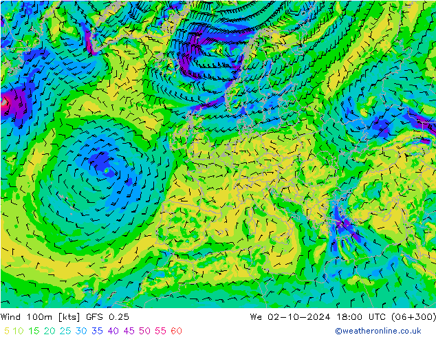 Wind 100m GFS 0.25 Mi 02.10.2024 18 UTC