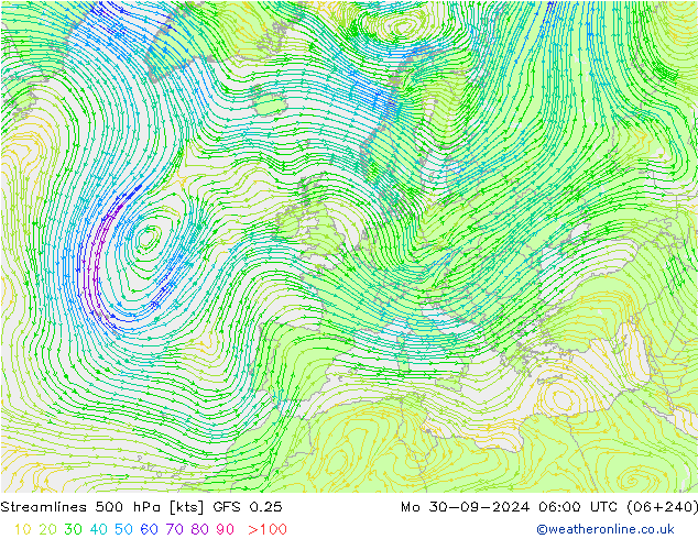 Stromlinien 500 hPa GFS 0.25 Mo 30.09.2024 06 UTC