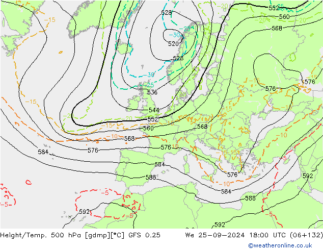 Z500/Rain (+SLP)/Z850 GFS 0.25 We 25.09.2024 18 UTC