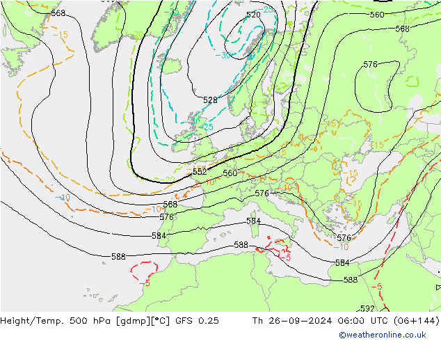 Z500/Rain (+SLP)/Z850 GFS 0.25  26.09.2024 06 UTC