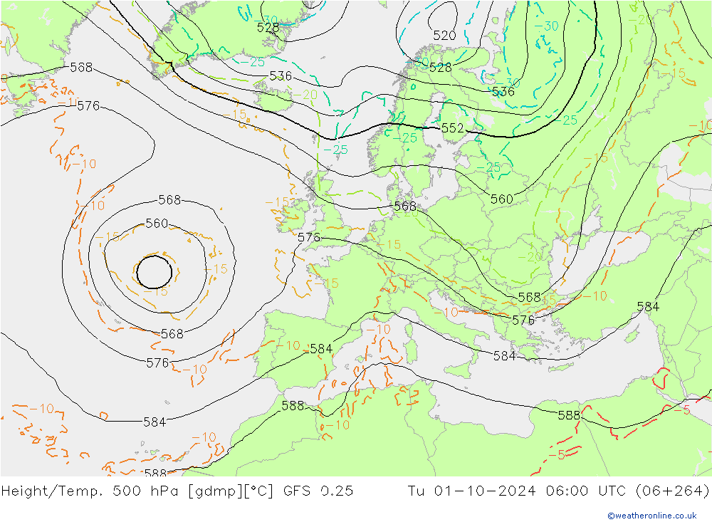 Z500/Rain (+SLP)/Z850 GFS 0.25  01.10.2024 06 UTC