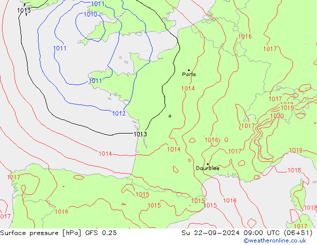 Surface pressure GFS 0.25 Su 22.09.2024 09 UTC