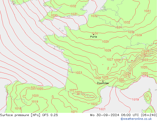 Bodendruck GFS 0.25 Mo 30.09.2024 06 UTC