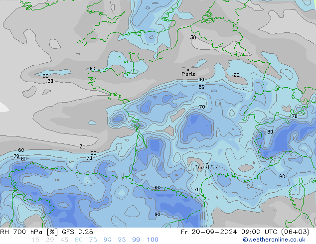 RH 700 hPa GFS 0.25 Fr 20.09.2024 09 UTC