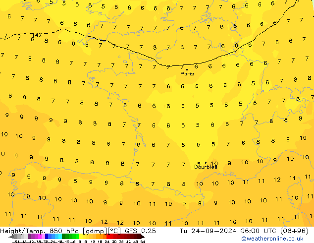 Z500/Rain (+SLP)/Z850 GFS 0.25 Út 24.09.2024 06 UTC