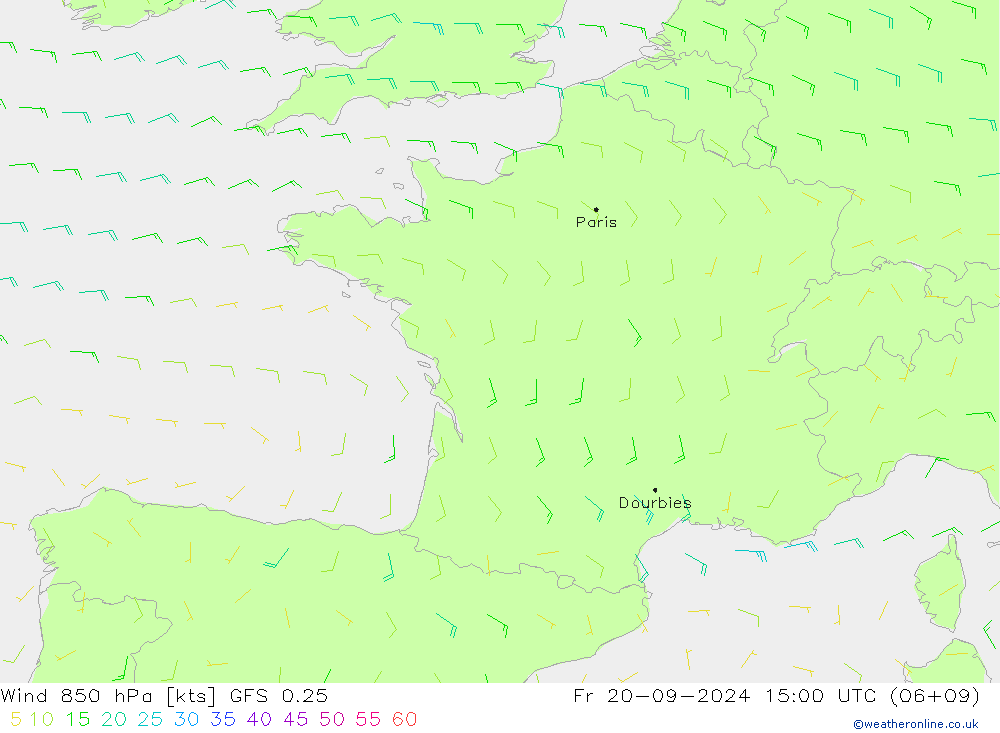 Rüzgar 850 hPa GFS 0.25 Cu 20.09.2024 15 UTC