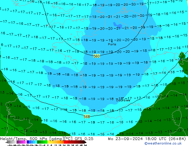 Z500/Rain (+SLP)/Z850 GFS 0.25 lun 23.09.2024 18 UTC