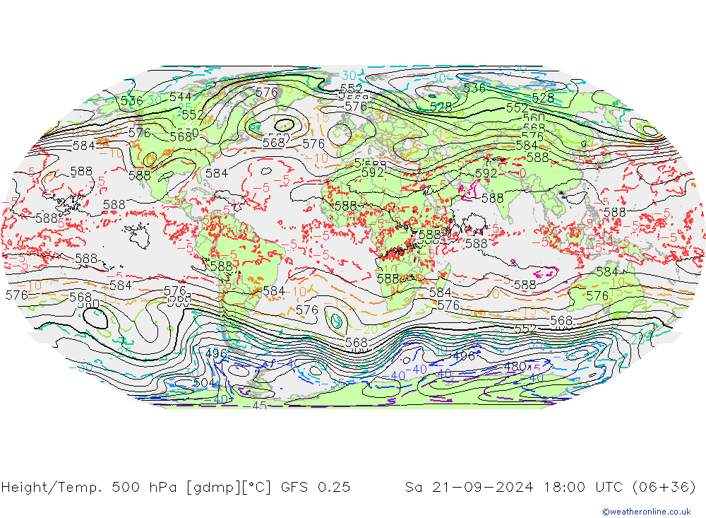 Z500/Rain (+SLP)/Z850 GFS 0.25 sam 21.09.2024 18 UTC