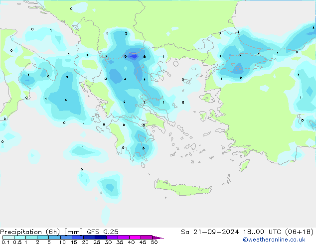 Precipitation (6h) GFS 0.25 Sa 21.09.2024 00 UTC