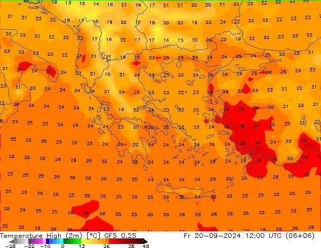 Max. Temperatura (2m) GFS 0.25 pt. 20.09.2024 12 UTC