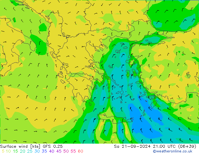 Rüzgar 10 m GFS 0.25 Cts 21.09.2024 21 UTC