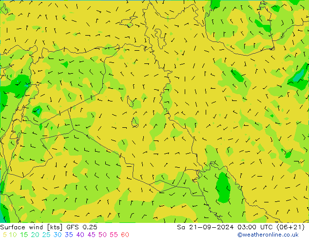 wiatr 10 m GFS 0.25 so. 21.09.2024 03 UTC