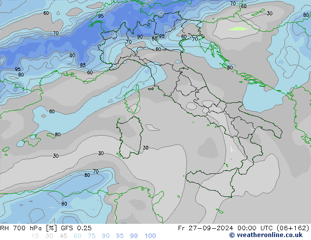 RH 700 гПа GFS 0.25 пт 27.09.2024 00 UTC