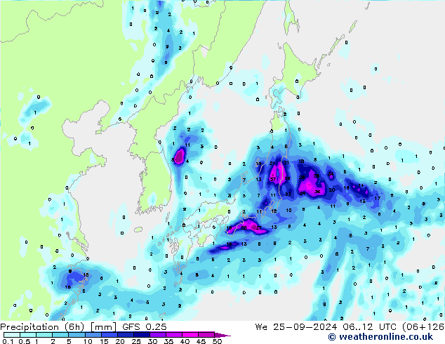 Z500/Rain (+SLP)/Z850 GFS 0.25 St 25.09.2024 12 UTC