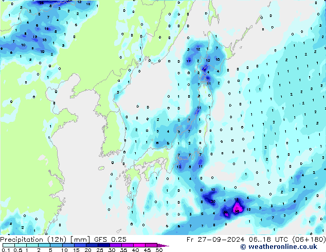 Precipitazione (12h) GFS 0.25 ven 27.09.2024 18 UTC