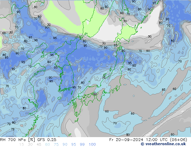 RH 700 hPa GFS 0.25 pt. 20.09.2024 12 UTC