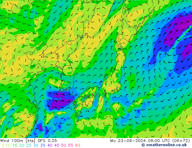 ветер 900 гПа GFS 0.25 пн 23.09.2024 06 UTC