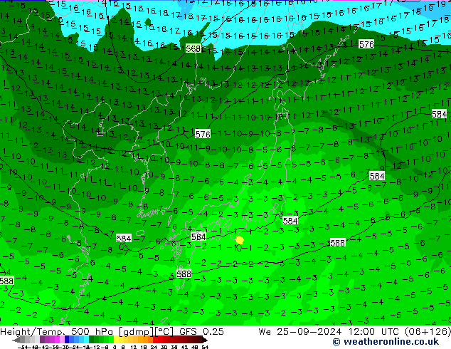 Z500/Rain (+SLP)/Z850 GFS 0.25 St 25.09.2024 12 UTC