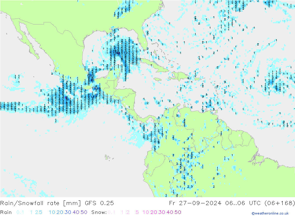 Rain/Snowfall rate GFS 0.25 ven 27.09.2024 06 UTC