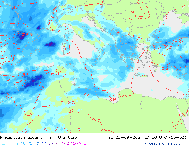 Totale neerslag GFS 0.25 zo 22.09.2024 21 UTC