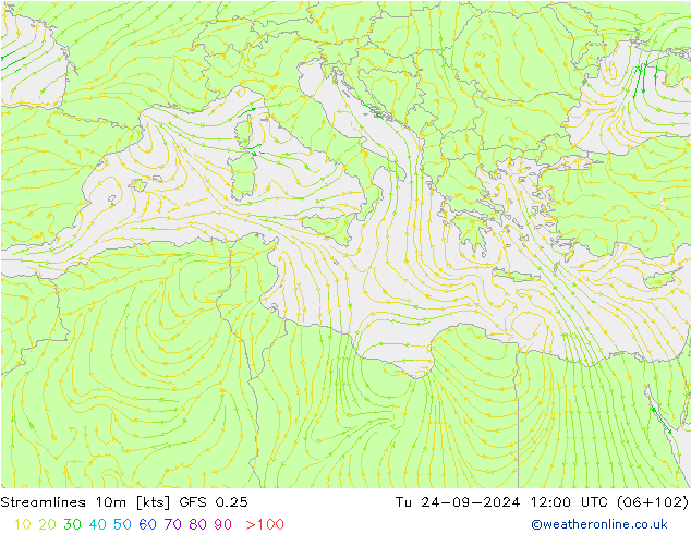 Stroomlijn 10m GFS 0.25 di 24.09.2024 12 UTC