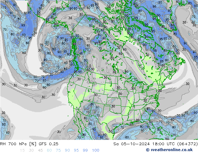 RH 700 hPa GFS 0.25 Sa 05.10.2024 18 UTC