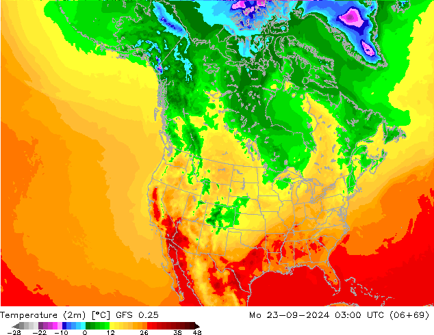 Temperatuurkaart (2m) GFS 0.25 ma 23.09.2024 03 UTC