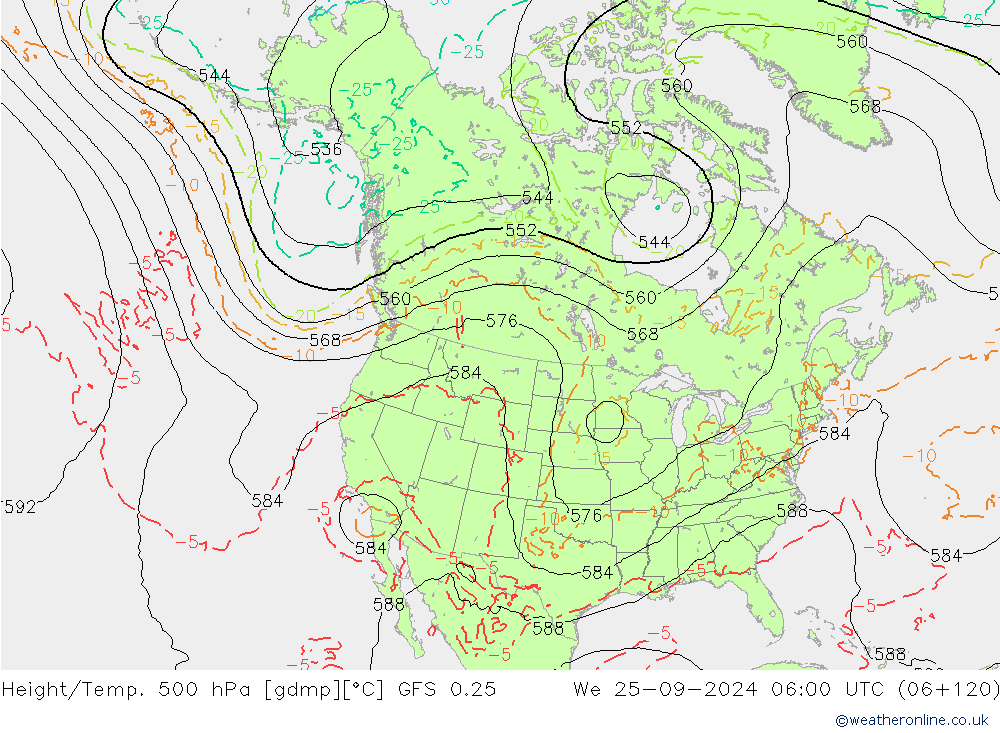 Z500/Rain (+SLP)/Z850 GFS 0.25  25.09.2024 06 UTC