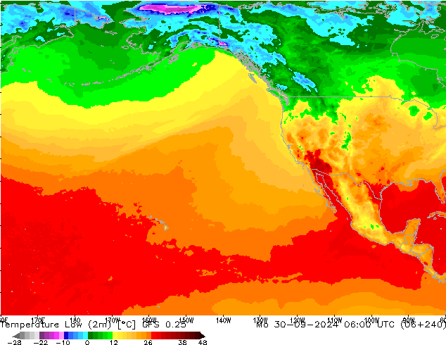 Temperature Low (2m) GFS 0.25 Mo 30.09.2024 06 UTC