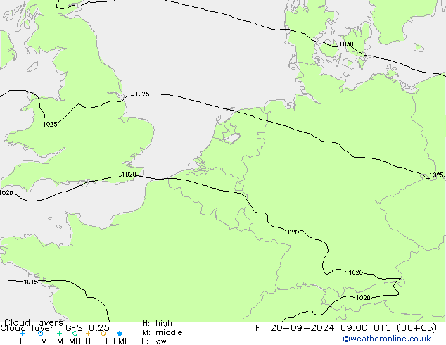 Cloud layer GFS 0.25 Sex 20.09.2024 09 UTC