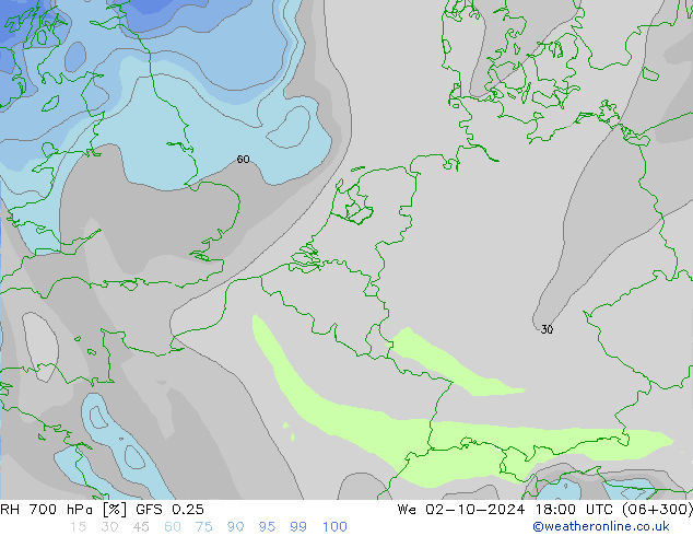 Humidité rel. 700 hPa GFS 0.25 mer 02.10.2024 18 UTC