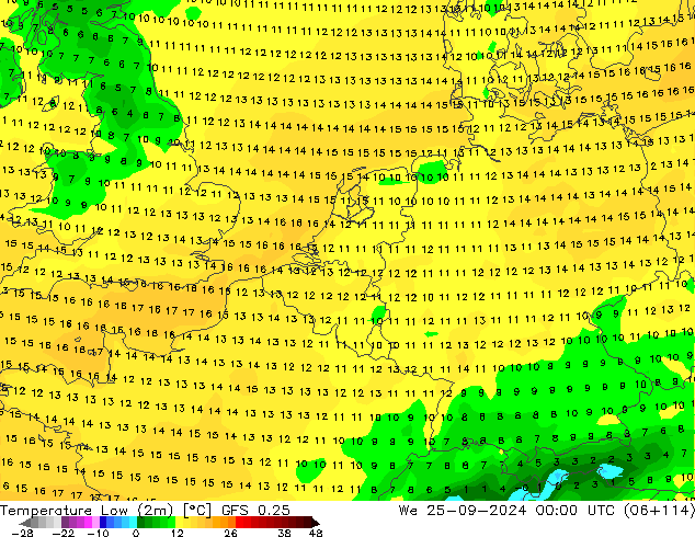 Temperature Low (2m) GFS 0.25 We 25.09.2024 00 UTC