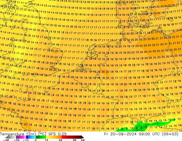 Temperaturkarte (2m) GFS 0.25 Fr 20.09.2024 09 UTC