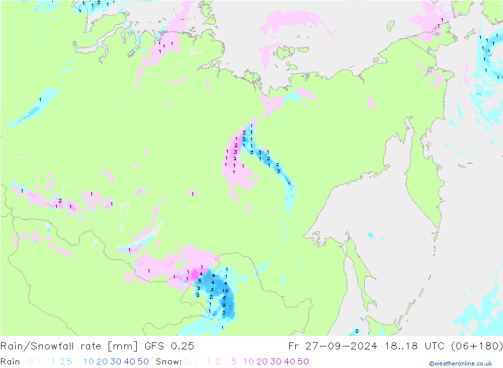 Rain/Snowfall rate GFS 0.25 Fr 27.09.2024 18 UTC