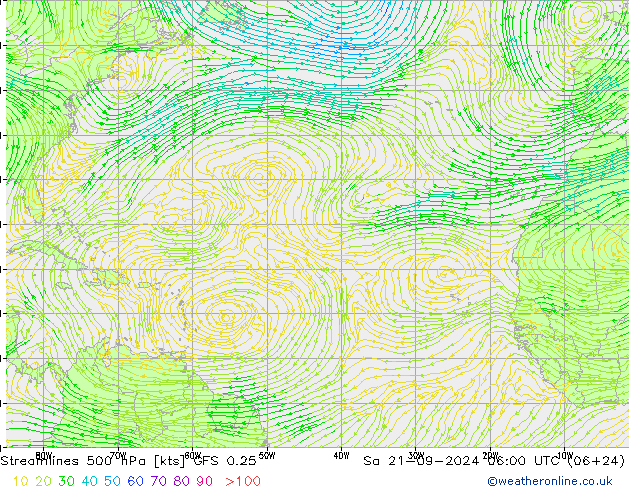 Stromlinien 500 hPa GFS 0.25 Sa 21.09.2024 06 UTC