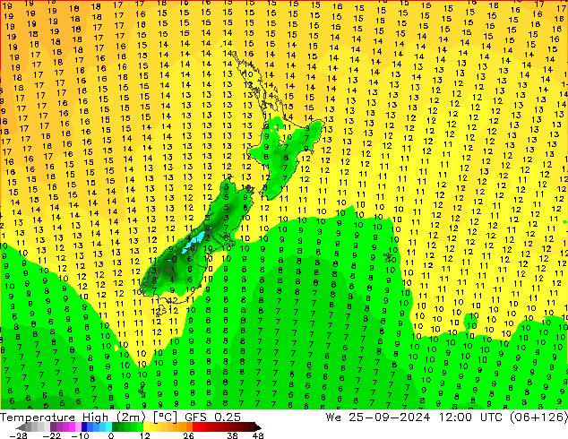 Temperatura máx. (2m) GFS 0.25 mié 25.09.2024 12 UTC