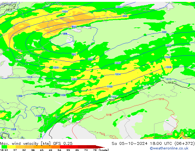 Max. wind velocity GFS 0.25 So 05.10.2024 18 UTC