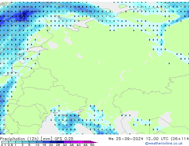 Totale neerslag (12h) GFS 0.25 wo 25.09.2024 00 UTC