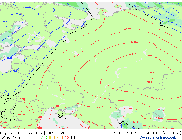 yüksek rüzgarlı alanlar GFS 0.25 Sa 24.09.2024 18 UTC