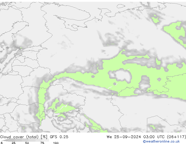 nuvens (total) GFS 0.25 Qua 25.09.2024 03 UTC