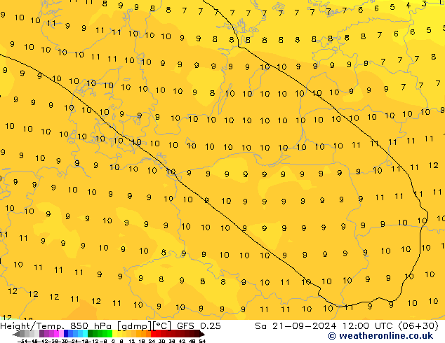 Yükseklik/Sıc. 850 hPa GFS 0.25 Cts 21.09.2024 12 UTC